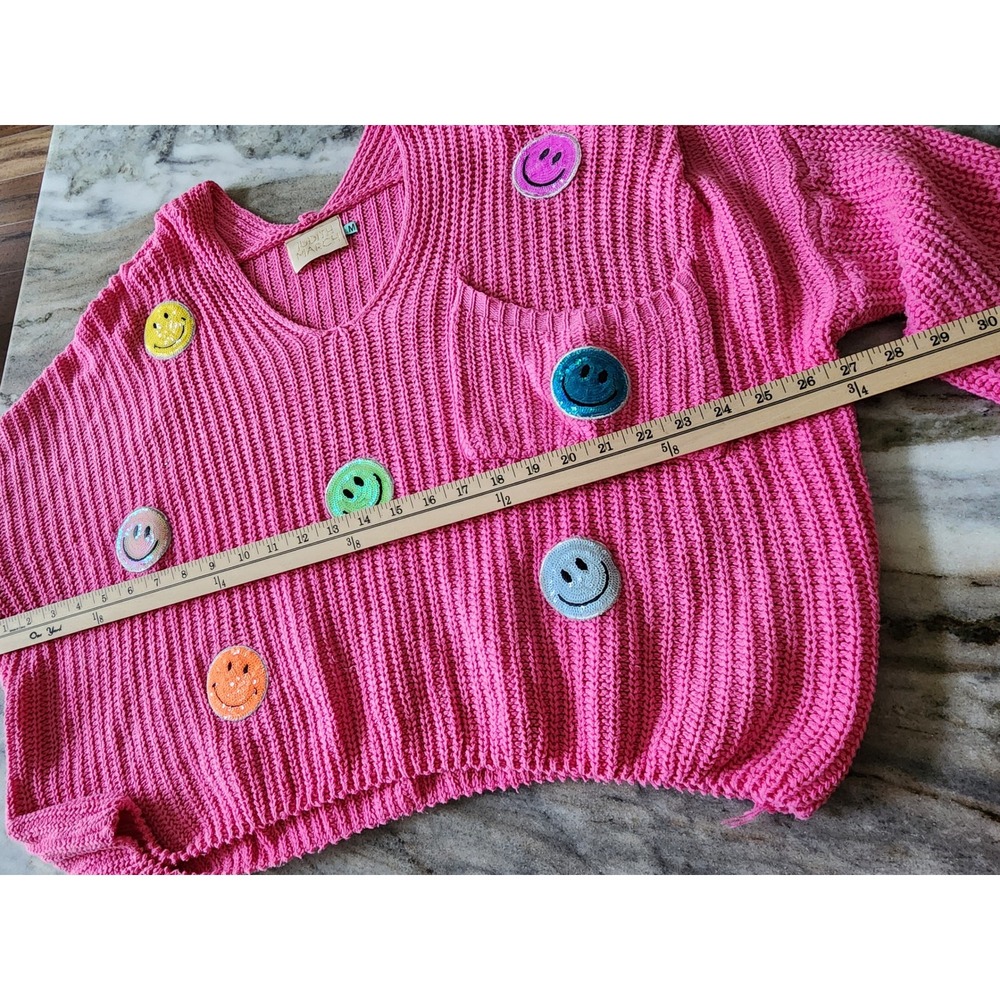 Judith March Hot Pink Smiley Face Sequin Patch Oversized Knit Sweater M/L - Picture 8 of 9